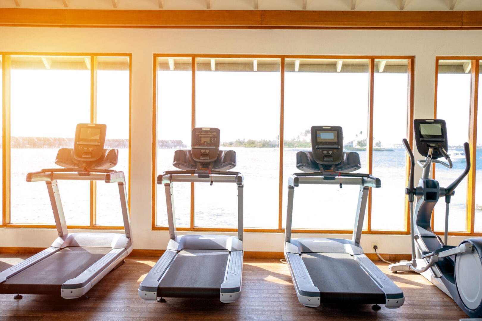 Gym with treadmills and elliptical by window.